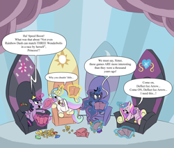 Size: 3000x2551 | Tagged: safe, artist:thetitan99, princess cadance, princess celestia, princess luna, twilight sparkle, twilight sparkle (alicorn), alicorn, pony, equestria games (episode), alicorn tetrarchy, card, cigar, equestria games, female, gambling, mare, poker chips, sitting, smoking, throne