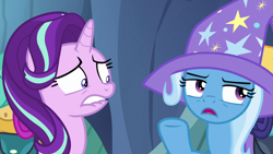 Size: 1280x720 | Tagged: safe, derpibooru import, screencap, starlight glimmer, trixie, pony, unicorn, to where and back again, trixie's hat