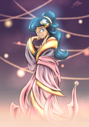 Size: 2894x4093 | Tagged: safe, artist:lovelyneckbeard, princess luna, human, alternate hairstyle, chang'e, chinese, chinese mythology, clothes, dress, gown, grin, humanized, lantern, mid-autumn festival, moon, mythology, shawl, smiling, solo