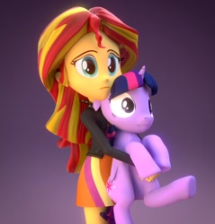 Size: 671x702 | Tagged: safe, artist:creatorofpony, sunset shimmer, twilight sparkle, twilight sparkle (alicorn), alicorn, pony, equestria girls, 3d, blender, holding a pony, sad, scared