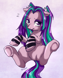 Size: 650x800 | Tagged: safe, artist:samonferrari, aria blaze, equestria girls, rainbow rocks, ariabetes, cute, floppy ears, looking at you, on back, ponified, solo, underhoof