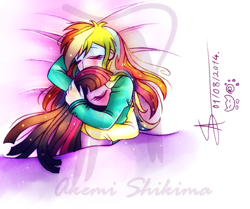 Size: 1200x1004 | Tagged: safe, artist:shikimaakemi, rainbow dash, twilight sparkle, equestria girls, bed, blushing, clothes, female, holding, humanized, lesbian, sheet, shipping, sleeping, snuggling, twidash, watermark