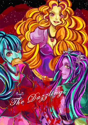 Size: 1000x1419 | Tagged: safe, artist:tatsuka, adagio dazzle, aria blaze, sonata dusk, equestria girls, rainbow rocks, pixiv, taco, the dazzlings