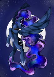 Size: 2100x3000 | Tagged: safe, artist:eateroflife, princess luna, alicorn, pony, female, flying, full moon, mare, moon, night, solo, spread wings, wings