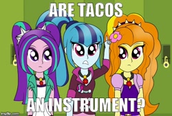 Size: 490x331 | Tagged: safe, artist:dotaandme, adagio dazzle, aria blaze, sonata dusk, equestria girls, band geeks, crossover, cute, image macro, meme, parody, sonatabetes, sonataco, spongebob squarepants, the dazzlings