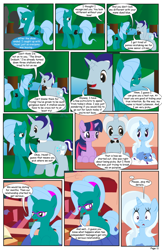 Size: 792x1224 | Tagged: safe, artist:dekomaru, derpibooru import, trixie, twilight sparkle, oc, oc:hazel lulamoon, oc:iniduoh, oc:nebula, comic:the greatest gift, comic, glasses, lulamoon sonata