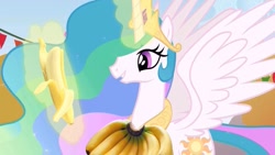 Size: 1024x576 | Tagged: safe, edit, screencap, princess celestia, alicorn, pony, banana, solo