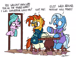 Size: 2099x1585 | Tagged: safe, artist:bobthedalek, derpibooru import, starlight glimmer, sunburst, trixie, pony, unicorn, bathrobe, clothes, dialogue, implied lesbian, implied shipping, implied starburst, implied startrix, open mouth, robe, shower, simple background, sitting, table, towel, trio, underhoof, we don't normally wear clothes, wet, white background, wide eyes