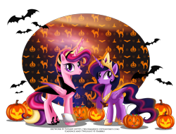 Size: 2500x1900 | Tagged: safe, artist:tiffanymarsou, princess cadance, twilight sparkle, twilight sparkle (alicorn), alicorn, pony, undead, vampire, vampony, clothes, costume, female, halloween, holiday, jack-o-lantern, mare, nightmare night, pumpkin