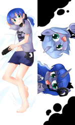 Size: 662x1110 | Tagged: safe, artist:gyaheung, princess luna, human, barefoot, blame my sister, feet, filly, gamer luna, headset, humanized, midriff, solo, woona