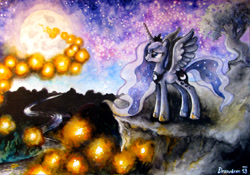 Size: 1024x718 | Tagged: safe, artist:drawirm, princess luna, alicorn, pony, cliff, moon, solo, spread wings, traditional art