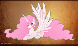 Size: 1280x757 | Tagged: safe, artist:mn27, artist:staroreos, princess celestia, alicorn, pony, :o, eyelashes, looking at you, pink-mane celestia, prone, solo, spread wings, younger