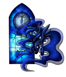 Size: 1024x1197 | Tagged: safe, artist:arcadianphoenix, princess luna, alicorn, pony, flying, smiling, solo, stained glass