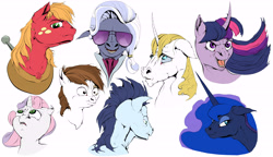 Size: 5850x3375 | Tagged: safe, artist:mindmendereoin, big macintosh, hoity toity, pipsqueak, prince blueblood, princess luna, soarin', sweetie belle, twilight sparkle, alicorn, earth pony, pony, curved horn, hoers, male, stallion, sunglasses