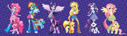 Size: 2048x593 | Tagged: safe, applejack, fluttershy, pinkie pie, rainbow dash, rarity, twilight sparkle, unicorn twilight, earth pony, pegasus, pony, unicorn, equestria girls, equestria girls (movie), box art, cardboard twilight, comparison, cutie mark, cutie mark on equestria girl, eqg promo pose set, equestria girls plus, female, lipstick, mane six, official, ponied up, pony ears, self ponidox, stock vector, twoiloight spahkle, winged humanization, wings