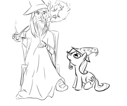 Size: 1200x1000 | Tagged: safe, artist:rubrony, derpibooru import, trixie, chair, crossover, frown, gandalf, lidded eyes, looking up, lord of the rings, monochrome, mouth hold, pipe, sitting, smoke, smoking, unamused