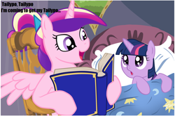 Size: 1024x683 | Tagged: safe, princess cadance, twilight sparkle, unicorn twilight, alicorn, pony, unicorn, bed, bedtime story, blanket, book, bow, cadance's bedtime stories, chair, detailed background, duo, duo female, exploitable meme, female, females only, filly, filly twilight sparkle, hair bow, hoof hold, horn, looking at each other, looking up, meme, multicolored mane, open mouth, pillow, pink coat, pink wings, purple coat, purple eyes, sitting, smiling, spread wings, tailypo, text, this will end in tears, wings, younger