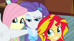 Size: 1366x757 | Tagged: safe, artist:randincy, fluttershy, rarity, sunset shimmer, equestria girls, rainbow rocks, selfie, vector