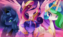 Size: 1500x900 | Tagged: safe, artist:loyaldis, princess cadance, princess celestia, princess luna, twilight sparkle, twilight sparkle (alicorn), alicorn, pony, twilight's kingdom, alicorn tetrarchy, female, mare, smiling