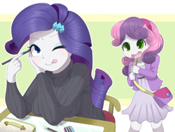 Size: 1200x900 | Tagged: safe, artist:ayahana, rarity, sweetie belle, equestria girls, clothes, cute, dress, duo, eyeliner, female, one eye closed, purse, sisters, sweater, tongue out, turtleneck