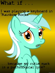 Size: 625x833 | Tagged: safe, lyra heartstrings, pony, unicorn, equestria girls, rainbow rocks, conspiracy lyra, cutie mark, exploitable meme, female, green coat, horn, image macro, keyboard, looking at you, lyre, mare, meme, open mouth, pun, simple background, solo, text, two toned mane