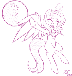 Size: 1393x1461 | Tagged: safe, artist:ho7y5hoxx, princess luna, alicorn, pony, filly, monochrome, moon, sketch, solo, woona