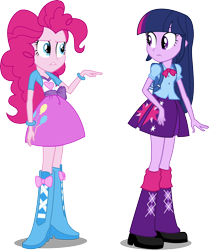 Size: 5477x6560 | Tagged: safe, artist:starnight5, pinkie pie, twilight sparkle, equestria girls, absurd resolution, backpack, balloon, boots, bracelet, clothes, high heel boots, jewelry, simple background, skirt, transparent background