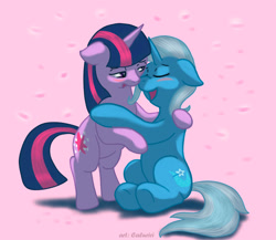 Size: 1000x866 | Tagged: safe, artist:caluriri, derpibooru import, trixie, twilight sparkle, blushing, female, lesbian, shipping, twixie