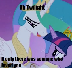 Size: 410x385 | Tagged: safe, screencap, princess celestia, twilight sparkle, twilight sparkle (alicorn), alicorn, pony, twilight's kingdom, female, frozen (movie), if only somebody loved you, mare, meme