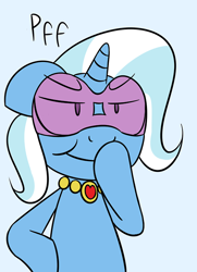 Size: 500x692 | Tagged: dead source, safe, artist:weabootrixie, derpibooru import, trixie, blue background, dialogue, goggles, grin, necklace, pfft, simple background, smug, solo, the kawaii and desu trixie