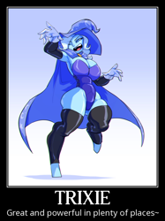 Size: 556x745 | Tagged: safe, artist:bigdad, derpibooru import, edit, trixie, satyr, unicorn, armpits, breasts, female, human facial structure, motivational poster, pony colored satyr, pony coloring, satyrized, solo, titsie, trixie's cape, trixie's hat