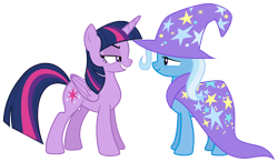 Size: 8014x4684 | Tagged: safe, artist:greenmachine987, derpibooru import, trixie, twilight sparkle, twilight sparkle (alicorn), alicorn, pony, unicorn, no second prances, absurd resolution, lidded eyes, simple background, smirk, transparent background, trixie's cape, trixie's hat, vector