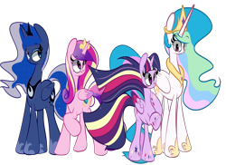 Size: 5500x4000 | Tagged: safe, artist:turtlefarminguy, princess cadance, princess celestia, princess luna, twilight sparkle, twilight sparkle (alicorn), alicorn, pony, twilight's kingdom, :o, alicorn tetrarchy, blushing, female, mare, open mouth, rainbow power, raised hoof, simple background, smiling