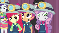 Size: 1280x720 | Tagged: safe, screencap, apple bloom, bulk biceps, rarity, scootaloo, sweetie belle, better together, choose your own ending, equestria girls, happily ever after party, adorabloom, clothes, costume, cute, cutealoo, cutie mark crusaders, cyoa, diasweetes, female, helmet, miner, mining helmet, siblings, sisters