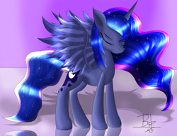 Size: 2600x2000 | Tagged: safe, artist:mrbrunoh1, princess luna, alicorn, pony, eyes closed, sad, solo, spread wings