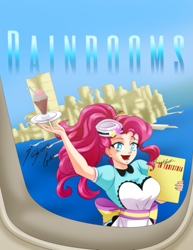 Size: 1279x1657 | Tagged: safe, artist:shinta-girl, pinkie pie, human, equestria girls, album cover, breakfast, breakfast in america, commission, equestria, humanized, plane, server pinkie pie, solo, supertramp, the rainbooms