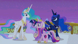 Size: 389x219 | Tagged: safe, screencap, princess cadance, princess celestia, princess luna, twilight sparkle, twilight sparkle (alicorn), alicorn, pony, twilight's kingdom, alicorn tetrarchy, animated, circling, female, flying, looking up, mare, smiling, spread wings