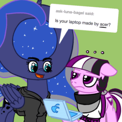 Size: 800x800 | Tagged: safe, artist:thedragenda, ace, princess luna, food pony, original species, animated, asexual, asexual pride flag, ask-acepony, computer, laptop computer, luna bagel, pride, pun, tumblr