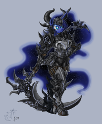 Size: 1175x1425 | Tagged: safe, artist:melancholy, princess luna, anthro, armor, crossover, dark knight, final fantasy, final fantasy xiv, scythe, solo, warrior luna, weapon