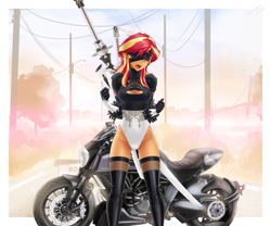 Size: 3072x2557 | Tagged: safe, alternate version, artist:slackerburst, sunset shimmer, equestria girls, blindfold, blushing, breasts, cleavage, clothes, cosplay, costume, motorcycle, nier: automata, noir, open mouth