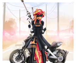 Size: 3072x2557 | Tagged: safe, alternate version, artist:slackerburst, sunset shimmer, anthro, equestria girls, blindfold, breasts, cleavage, clothes, cosplay, costume, latex, latex socks, motorcycle, nier: automata, open mouth, socks, stockings, sword, thigh highs, weapon