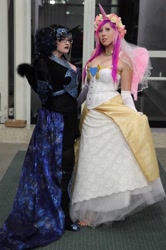 Size: 766x1152 | Tagged: artist needed, safe, artist:badtouchking, artist:unkcos19, artist:unkcos20, nightmare moon, princess cadance, human, anime expo, anime expo 2012, clothes, cosplay, evening gloves, glasses, irl, irl human, photo