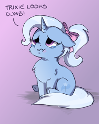 Size: 1200x1500 | Tagged: safe, artist:buttersprinkle, derpibooru import, trixie, pony, unicorn, :t, alternate hairstyle, blatant lies, blushing, bow, buttersprinkle is trying to murder us, chest fluff, crying, cute, dialogue, diatrixes, female, floppy ears, fluffy, gradient background, hair bow, i'm not cute, looking up, mare, ponytail, sad, self loathing, sitting, solo, third person, underhoof, wavy mouth