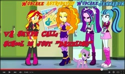 Size: 350x207 | Tagged: safe, edit, edited screencap, screencap, adagio dazzle, aria blaze, sonata dusk, spike, sunset shimmer, dog, equestria girls, rainbow rocks, astroboygf, jennabun, spike the dog, wubcake, youtube