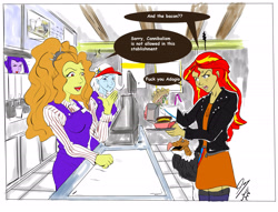 Size: 4608x3520 | Tagged: safe, artist:piojote, derpibooru import, adagio dazzle, aria blaze, sunset shimmer, trixie, equestria girls, absurd resolution, bacon hair, burger, clothes, dialogue, fast food, food, hamburger, open mouth, sandwich, signature, speech bubble, turkey, vulgar