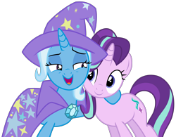 Size: 5178x4041 | Tagged: safe, artist:sketchmcreations, derpibooru import, starlight glimmer, trixie, pony, unicorn, to where and back again, absurd resolution, arm around neck, happy, open mouth, simple background, transparent background, trixie's cape, trixie's hat, vector