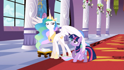 Size: 1365x768 | Tagged: safe, screencap, princess celestia, twilight sparkle, unicorn twilight, alicorn, pony, unicorn, the crystal empire, duo, ethereal mane, fake celestia, female, mare, pillar