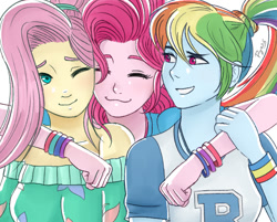 Size: 670x540 | Tagged: safe, artist:pyroprye, fluttershy, pinkie pie, rainbow dash, better together, equestria girls, bracelet, clothes, colored eyebrows, cute, dashabetes, diapinkes, eyes closed, female, hug, jewelry, one eye closed, ponytail, shyabetes, smiling, trio, trio female