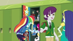 Size: 1256x720 | Tagged: safe, screencap, blueberry cake, chestnut magnifico, daring do, indigo wreath, rainbow dash, better together, equestria girls, run to break free, backpack, clothes, female, lockers, male, pants