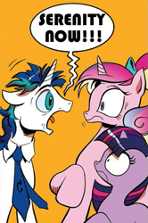 Size: 365x549 | Tagged: safe, idw, princess cadance, shining armor, twilight sparkle, alicorn, pony, unicorn, spoiler:comic, dishevelled, exploitable meme, filly, meme, screaming armor, seinfeld, younger